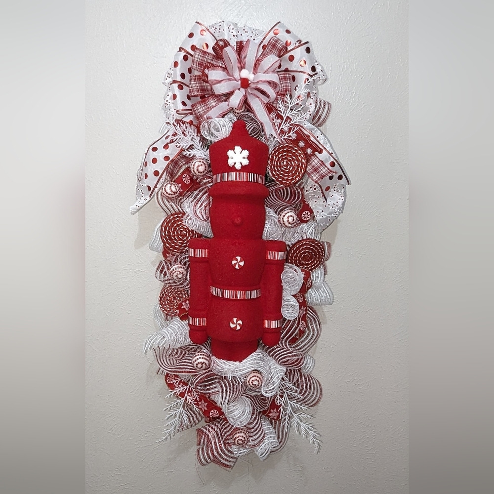Red flocked Peppermint Nutcracker Swag
